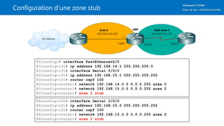 Configuration d’une zone stub
R3(config)# interface FastEthernet0/0
R3(config-if)# ip address 192.168.14.1 255.255.255.0
R3(config-if)# interface Serial 0/0/0
R3(config-if)# ip address 192.168.15.1 255.255.255.252
R3(config-if)# router ospf 100
R3(config-router)# network 192.168.14.0.0 0.0.0.255 area 0
R3(config-router)# network 192.168.15.0.0 0.0.0.255 area 2
R3(config-router)# area 2 stub
R4(config-if)# interface Serial 0/0/0
R4(config-if)# ip address 192.168.15.2 255.255.255.252
R4(config-if)# router ospf 100
R4(config-router)# network 192.168.15.0.0 0.0.0.255 area 2
R4(config-router)# area 2 stub
 