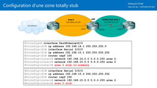 Configuration d’une zone totally stub
R3(config)# interface FastEthernet0/0
R3(config-if)# ip address 192.168.14.1 255.255.255.0
R3(config-if)# interface Serial 0/0/0
R3(config-if)# ip address 192.168.15.1 255.255.255.252
R3(config-if)# router ospf 100
R3(config-router)# network 192.168.14.0.0 0.0.0.255 area 0
R3(config-router)# network 192.168.15.0.0 0.0.0.255 area 2
R3(config-router)# area 2 stub no-summary
R4(config-if)# interface Serial 0/0/0
R4(config-if)# ip address 192.168.15.2 255.255.255.252
R4(config-if)# router ospf 100
R4(config-router)# network 192.168.15.0.0 0.0.0.255 area 2
R4(config-router)# area 2 stub
 