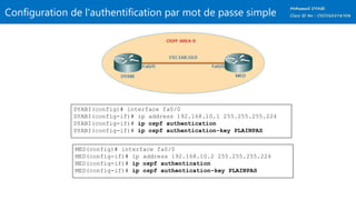Configuration de l'authentification par mot de passe simple
DYABI(config)# interface fa0/0
DYABI(config-if)# ip address 192.168.10.1 255.255.255.224
DYABI(config-if)# ip ospf authentication
DYABI(config-if)# ip ospf authentication-key PLAINPAS
MED(config)# interface fa0/0
MED(config-if)# ip address 192.168.10.2 255.255.255.224
MED(config-if)# ip ospf authentication
MED(config-if)# ip ospf authentication-key PLAINPAS
 