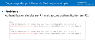 Dépannage des problèmes de Mot de passe simple
 Problème :
Authentification simples sur R1, mais aucune authentification sur R2 :
R1#
*Feb 17 18:51:31.242: OSPF: Rcv pkt from 192.168.1.102, Serial0/0/1 :
Mismatch Authentication type. Input packet specified type 0, we use type 1
R2#
*Feb 17 18:50:43.046: OSPF: Rcv pkt from 192.168.1.101, Serial0/0/1 :
Mismatch Authentication type. Input packet specified type 1, we use type 0
 