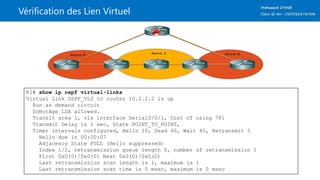 Vérification des Lien Virtuel
R1# show ip ospf virtual-links
Virtual Link OSPF_VL0 to router 10.2.2.2 is up
Run as demand circuit
DoNotAge LSA allowed.
Transit area 1, via interface Serial0/0/1, Cost of using 781
Transmit Delay is 1 sec, State POINT_TO_POINT,
Timer intervals configured, Hello 10, Dead 40, Wait 40, Retransmit 5
Hello due in 00:00:07
Adjacency State FULL (Hello suppressed)
Index 1/2, retransmission queue length 0, number of retransmission 1
First 0x0(0)/0x0(0) Next 0x0(0)/0x0(0)
Last retransmission scan length is 1, maximum is 1
Last retransmission scan time is 0 msec, maximum is 0 msec
 