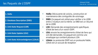 les Paquets de L’OSPF
 Hello: Découverte de voisins, construction et
maintenance des contiguïtés de voisinage.
 DBD: Ce paquet est utilisé pour vérifier si la LSDB
entre 2 routeurs est la même. Le DBD est un résumé
de la LSDB
 LSR: Demande des enregistrements spécifiques
d'état de liens d’un voisin OSPF.
 LSU: envoie les enregistrements d'état de liens qui
ont été demandés. Ce paquet est comme une
enveloppe qui contient plusieurs LSA
 LSAck: Le protocole OSPF est un protocole fiable,
LSAck est un accusé de réception
 