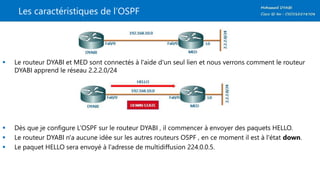 Les caractéristiques de l’OSPF
 Le routeur DYABI et MED sont connectés à l'aide d'un seul lien et nous verrons comment le routeur
DYABI apprend le réseau 2.2.2.0/24
 Dès que je configure L’OSPF sur le routeur DYABI , il commencer à envoyer des paquets HELLO.
 Le routeur DYABI n'a aucune idée sur les autres routeurs OSPF , en ce moment il est à l'état down.
 Le paquet HELLO sera envoyé à l'adresse de multidiffusion 224.0.0.5.
 