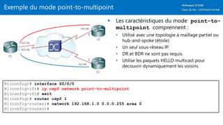 Exemple du mode point-to-multipoint
 Les caractéristiques du mode point-to-
multipoint comprennent :
• Utilisé avec une topologie à maillage partiel ou
hub-and-spoke (étoile)
• Un seul sous-réseau IP
• DR et BDR ne sont pas requis.
• Utilise les paquets HELLO multicast pour
découvrir dynamiquement les voisins
R1(config)# interface S0/0/0
R1(config-if)# ip ospf network point-to-multipoint
R1(config-if)# exit
R1(config)# router ospf 1
R1(config-router)# network 192.168.1.0 0.0.0.255 area 0
R1(config-router)#
 