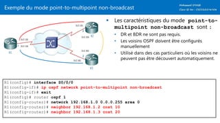 Exemple du mode point-to-multipoint non-broadcast
 Les caractéristiques du mode point-to-
multipoint non-broadcast sont :
• DR et BDR ne sont pas requis.
• Les voisins OSPF doivent être configurés
manuellement
• Utilisé dans des cas particuliers où les voisins ne
peuvent pas être découvert automatiquement.
R1(config)# interface S0/0/0
R1(config-if)# ip ospf network point-to-multipoint non-broadcast
R1(config-if)# exit
R1(config)# router ospf 1
R1(config-router)# network 192.168.1.0 0.0.0.255 area 0
R1(config-router)# neighbor 192.168.1.2 cost 10
R1(config-router)# neighbor 192.168.1.3 cost 20
 