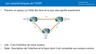 Les caractéristiques de l’OSPF
• Prenons un aperçu sur l'état des liens et ce que cela signifie exactement
• Link : C'est l'interface de notre routeur.
• State : Description de l'interface et la façon dont il est connectée aux routeurs voisins
 