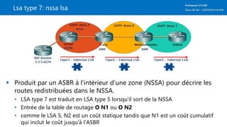 Lsa type 7: nssa lsa
 Produit par un ASBR à l'intérieur d’une zone (NSSA) pour décrire les
routes redistribuées dans le NSSA.
• LSA type 7 est traduit en LSA type 5 lorsqu'il sort de la NSSA
• Entrée de la table de routage O N1 ou O N2
• comme le LSA 5, N2 est un coût statique tandis que N1 est un coût cumulatif
qui inclut le coût jusqu'à l'ASBR
 