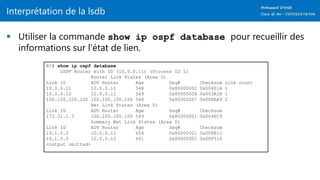 Interprétation de la lsdb
 Utiliser la commande show ip ospf database pour recueillir des
informations sur l'état de lien.
R1# show ip ospf database
OSPF Router with ID (10.0.0.11) (Process ID 1)
Router Link States (Area 0)
Link ID ADV Router Age Seq# Checksum Link count
10.0.0.11 10.0.0.11 548 0x80000002 0x00401A 1
10.0.0.12 10.0.0.12 549 0x80000004 0x003A1B 1
100.100.100.100 100.100.100.100 548 0x800002D7 0x00EEA9 2
Net Link States (Area 0)
Link ID ADV Router Age Seq# Checksum
172.31.1.3 100.100.100.100 549 0x80000001 0x004EC9
Summary Net Link States (Area 0)
Link ID ADV Router Age Seq# Checksum
10.1.0.0 10.0.0.11 654 0x80000001 0x00FB11
10.1.0.0 10.0.0.12 601 0x80000001 0x00F516
<output omitted>
 