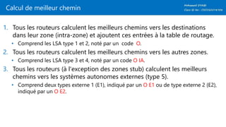 Calcul de meilleur chemin
1. Tous les routeurs calculent les meilleurs chemins vers les destinations
dans leur zone (intra-zone) et ajoutent ces entrées à la table de routage.
• Comprend les LSA type 1 et 2, noté par un code O.
2. Tous les routeurs calculent les meilleurs chemins vers les autres zones.
• Comprend les LSA type 3 et 4, noté par un code O IA.
3. Tous les routeurs (à l'exception des zones stub) calculent les meilleurs
chemins vers les systèmes autonomes externes (type 5).
• Comprend deux types externe 1 (E1), indiqué par un O E1 ou de type externe 2 (E2),
indiqué par un O E2.
 