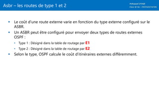 Asbr – les routes de type 1 et 2
 Le coût d'une route externe varie en fonction du type externe configuré sur le
ASBR.
 Un ASBR peut être configuré pour envoyer deux types de routes externes
OSPF :
• Type 1 : Désigné dans la table de routage par E1
• Type 2 : Désigné dans la table de routage par E2
 Selon le type, OSPF calcule le coût d'itinéraires externes différemment.
 
