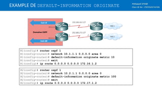 EXAMPLE DE DEFAULT-INFORMATION ORIGINATE
R1(config)# router ospf 1
R1(config-router)# network 10.1.1.1 0.0.0.0 area 0
R1(config-router)# default-information originate metric 10
R1(config-router)# exit
R1(config)# ip route 0.0.0.0 0.0.0.0 172.16.1.2
R2(config)# router ospf 1
R2(config-router)# network 10.2.1.1 0.0.0.0 area 0
R2(config-router)# default-information originate metric 100
R2(config-router)# exit
R2(config)# ip route 0.0.0.0 0.0.0.0 172.17.1.2
 