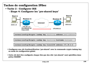 Taches de configuration IPSec   • Tache 2 - Configurer IKE   - Etape 4: Configurer les "pre-shared keys" 10.0.1.3 Routeur A Routeur B 172.30.1.2 Internet 10.0.2.3 Host A Host B routeur(config)#crypto isakmp key  keystring  hostname  hostname routeur(config)#crypto isakmp key  keystring  address  peer-address routeur(config)#crypto isakmp key Cisco1234 address 171.30.2.2 •  Configurez une clé d'authentification "pre-shared" avec la commande crypto isakmp key   en mode de configuration global. • Cette clé doit être configurée chaque fois que des clés "pre-shared" sont spécifiées dans   policy ISAKMP. 172.30.2.2 Pre-shared clé Cisco1234 