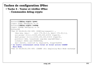 Taches de configuration IPSec   • Tache 4 - Tester et vérifier IPSec   - Commandes debug crypto RouteurA# debug crypto ipsec Crypto IPSEC debugging is on RouteurA# debug crypto isakmp Crypto ISAKMp debugging is on RouteurA# *Feb 20 08:08:06.556 PST: IPSEC(sa-request): , (key eng. msg.)  src= 172.30.1.2, dest= 172.30.2.2, src_proxy= 10.0.1.0/255.255.255.0/0/0 (type=4), dest_proxy= 10.0.2.0/255.255.255.0/0/0 (type=4), protocol= ESP, transform= esp-des esp-md5-hmac ,   lifedur= 3600s and 4608000kb,   spi= 0x0(0), conn-id= 0, keysize=0, flags=0x4004 ! Le trafic interessant entre Site1 et Site2 active ISAKMP   Main Mode. *Feb 20 08:08:06.556 PST: ISAKMP (4): beginning Main Mode exchange 