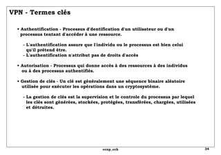VPN - Termes clés •  Authentification - Processus d'dentification d'un utilisateur ou d'un   processus tentant d'accéder à une ressource.   - L'authentification assure que l'individu ou le processus est bien celui   qu'il prétend être.   - L'authentification n'attribut pas de droits d'accès • Autorisation - Processus qui donne accès à des ressources à des individus   ou à des processus authentifiés. • Gestion de clés - Un clé est généralement une séquence binaire aléatoire   utilisée pour exécuter les opérations dans un cryptosystème.   - La gestion de clés est la supervision et le controle du processus par lequel   les clés sont générées, stockées, protégées, transférées, chargées, utilisées   et détruites.  