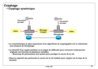 Cryptage   • Cryptage symétrique  •  La caractéristique la plus importante d'un algorithme de cryptogaphie est sa robustesse   aux attaques de décryptage. •  La sécurité d'un crypto-système ou le degré de difficulté pour retrouver l'information   originale est fonction de plusieurs variables. - Beaucoup de précautions sont prises pour protéger le secret de la clé. •  Dans la majorité des protocoles le secret de la clé utilisée pour crypter est la base de la   sécurité.   Cryptage Décryptage Message Crypté Infos Infos Clé secrète partagée Clé secrète partagée 