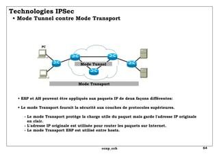 Technologies IPSec   • Mode Tunnel contre Mode Transport •  ESP et AH peuvent être appliqués aux paquets IP de deux façons différentes: • Le mode Transport fournit la sécurité aux couches de protocoles supérieures.     - Le mode Transport protège la charge utile du paquet mais garde l'adresse IP originale   en clair.   - L'adresse IP originale est utilisée pour router les paquets sur Internet.   - Le mode Transport ESP est utilisé entre hosts. PC Mode Tunnel Mode Transport 