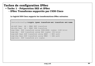 Taches de configuration IPSec   • Tache 1 - Préparation IKE et IPSec   - IPSec Transforms supportés par l'IOS Cisco  Le logiciel IOS Cisco supporte les transformations IPSec suivantes: CentralA(config)# crypto ipsec transform-set transform set-name ah-md5 hmac  AH - HMAC MD5 transform ah-sha hmac  AH - HMAC SHA transform esp-3des  ESP transform using 3DES(EDE) cipher (168 bits) esp-des  ESP transform using DES cipher (56 bits) esp-md5 hmac ESP transform using HMAC  - MD5 auth esp-sha hmac ESP transform using HMAC  - SHA auth esp-null  ESP transform w/o cipher 