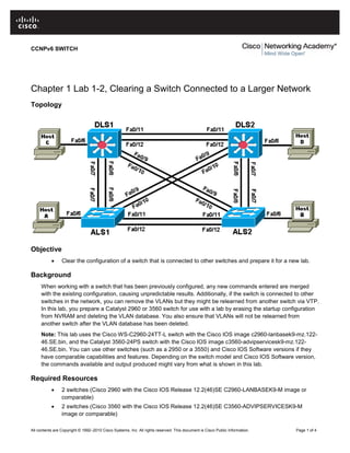 CCNPv6 SWITCH




Chapter 1 Lab 1-2, Clearing a Switch Connected to a Larger Network
Topology




Objective
           •     Clear the configuration of a switch that is connected to other switches and prepare it for a new lab.

Background
     When working with a switch that has been previously configured, any new commands entered are merged
     with the existing configuration, causing unpredictable results. Additionally, if the switch is connected to other
     switches in the network, you can remove the VLANs but they might be relearned from another switch via VTP.
     In this lab, you prepare a Catalyst 2960 or 3560 switch for use with a lab by erasing the startup configuration
     from NVRAM and deleting the VLAN database. You also ensure that VLANs will not be relearned from
     another switch after the VLAN database has been deleted.
     Note: This lab uses the Cisco WS-C2960-24TT-L switch with the Cisco IOS image c2960-lanbasek9-mz.122-
     46.SE.bin, and the Catalyst 3560-24PS switch with the Cisco IOS image c3560-advipservicesk9-mz.122-
     46.SE.bin. You can use other switches (such as a 2950 or a 3550) and Cisco IOS Software versions if they
     have comparable capabilities and features. Depending on the switch model and Cisco IOS Software version,
     the commands available and output produced might vary from what is shown in this lab.

Required Resources
           •     2 switches (Cisco 2960 with the Cisco IOS Release 12.2(46)SE C2960-LANBASEK9-M image or
                 comparable)
           •     2 switches (Cisco 3560 with the Cisco IOS Release 12.2(46)SE C3560-ADVIPSERVICESK9-M
                 image or comparable)

All contents are Copyright © 1992–2010 Cisco Systems, Inc. All rights reserved. This document is Cisco Public Information.   Page 1 of 4
 