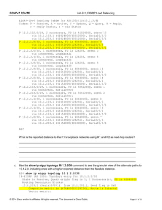 CCNPv7 ROUTE Lab 2-1, EIGRP Load Balancing
EIGRP-IPv4 Topology Table for AS(100)/ID(10.1.3.9)
Codes: P - Passive, A - Active, U - Update, Q - Query, R - Reply,
r - reply Status, s - sia Status
P 10.1.102.0/29, 2 successors, FD is 41024000, serno 13
via 10.1.103.1 (41024000/40512000), Serial0/0/0
via 10.1.203.2 (41024000/40512000), Serial0/0/1
P 10.1.1.8/30, 1 successors, FD is 40640000, serno 9
via 10.1.103.1 (40640000/128256), Serial0/0/0
via 10.1.203.2 (41152000/40640000), Serial0/0/1
P 10.1.3.0/30, 1 successors, FD is 128256, serno 3
via Connected, Loopback31
P 10.1.3.4/30, 1 successors, FD is 128256, serno 4
via Connected, Loopback35
P 10.1.3.8/30, 1 successors, FD is 128256, serno 5
via Connected, Loopback39
P 10.1.2.8/30, 1 successors, FD is 40640000, serno 16
via 10.1.203.2 (40640000/128256), Serial0/0/1
via 10.1.103.1 (41152000/40640000), Serial0/0/0
P 10.1.2.0/30, 1 successors, FD is 40640000, serno 14
via 10.1.203.2 (40640000/128256), Serial0/0/1
via 10.1.103.1 (41152000/40640000), Serial0/0/0
P 10.1.103.0/29, 1 successors, FD is 40512000, serno 1
via Connected, Serial0/0/0
P 10.1.203.0/29, 1 successors, FD is 40512000, serno 2
via Connected, Serial0/0/1
P 10.1.1.4/30, 1 successors, FD is 40640000, serno 8
via 10.1.103.1 (40640000/128256), Serial0/0/0
via 10.1.203.2 (41152000/40640000), Serial0/0/1
P 10.1.2.4/30, 1 successors, FD is 40640000, serno 15
via 10.1.203.2 (40640000/128256), Serial0/0/1
via 10.1.103.1 (41152000/40640000), Serial0/0/0
P 10.1.1.0/30, 1 successors, FD is 40640000, serno 7
via 10.1.103.1 (40640000/128256), Serial0/0/0
via 10.1.203.2 (41152000/40640000), Serial0/0/1
R3#
What is the reported distance to the R1’s loopback networks using R1 and R2 as next-hop routers?
_______________________________________________________________________________
_______________________________________________________________________________
_______________________________________________________________________________
_______________________________________________________________________________
_______________________________________________________________________________
c. Use the show ip eigrp topology 10.1.2.0/30 command to see the granular view of the alternate paths to
10.1.2.0, including ones with a higher reported distance than the feasible distance.
R3# show ip eigrp topology 10.1.2.0/30
IP-EIGRP (AS 100): Topology entry for 10.1.2.0/30
State is Passive, Query origin flag is 1, 1 Successor(s), FD is 40640000
Routing Descriptor Blocks:
10.1.203.2 (Serial0/0/1), from 10.1.203.2, Send flag is 0x0
Composite metric is (40640000/128256), Route is Internal
Vector metric:
© 2014 Cisco and/or its affiliates. All rights reserved. This document is Cisco Public. Page 11 of 21
 