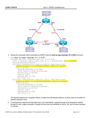 CCNPv7 ROUTE Lab 2-1, EIGRP Load Balancing
a. Review the composite metrics advertised by EIGRP using the show ip eigrp topology 10.1.2.0/30 command,.
R3# show ip eigrp topology 10.1.2.0/30
IP-EIGRP (AS 100): Topology entry for 10.1.2.0/30
State is Passive, Query origin flag is 1, 1 Successor(s), FD is 40640000
Routing Descriptor Blocks:
10.1.203.2 (Serial0/0/1), from 10.1.203.2, Send flag is 0x0
Composite metric is (40640000/128256), Route is Internal
Vector metric:
Minimum bandwidth is 64 Kbit
Total delay is 25000 microseconds
Reliability is 255/255
Load is 1/255
Minimum MTU is 1500
Hop count is 1
10.1.103.1 (Serial0/0/0), from 10.1.103.1, Send flag is 0x0
Composite metric is (41152000/40640000), Route is Internal
Vector metric:
Minimum bandwidth is 64 Kbit
Total delay is 45000 microseconds
Reliability is 255/255
Load is 1/255
Minimum MTU is 1500
Hop count is 2
The reported distance for a loopback network is higher than the feasible distance, so DUAL does not consider it a
feasible successor route.
b. To demonstrate unequal-cost load balancing in your internetwork, upgrade the path to the destination network
through R1 with a higher bandwidth. Change the clock rate and bandwidth on the R1, R2, and R3 serial interfaces
to 128 kb/s.
© 2014 Cisco and/or its affiliates. All rights reserved. This document is Cisco Public. Page 14 of 21
 