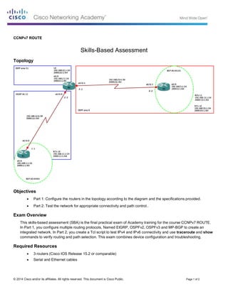 © 2014 Cisco and/or its affiliates. All rights reserved. This document is Cisco Public. Page 1 of 2
CCNPv7 ROUTE
Skills-Based Assessment
Topology
Objectives
• Part 1: Configure the routers in the topology according to the diagram and the specifications provided.
• Part 2: Test the network for appropriate connectivity and path control..
Exam Overview
This skills-based assessment (SBA) is the final practical exam of Academy training for the course CCNPv7 ROUTE.
In Part 1, you configure multiple routing protocols, Named EIGRP, OSPFv2, OSPFv3 and MP-BGP to create an
integrated network. In Part 2, you create a Tcl script to test IPv4 and IPv6 connectivity and use traceroute and show
commands to verify routing and path selection. This exam combines device configuration and troubleshooting.
Required Resources
• 3 routers (Cisco IOS Release 15.2 or comparable)
• Serial and Ethernet cables
 
