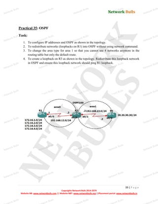 Network Bulls
Network Bulls
Network Bulls
Network Bulls
Network Bulls
Network Bulls
Network Bulls
Network Bulls
Network Bulls
Network Bulls
Network Bulls
Network Bulls
Network Bulls
Network Bulls
Network Bulls
Network Bulls
Network Bulls
Network Bulls
Network Bulls
Network Bulls
Network Bulls
Network Bulls
Network Bulls
Network Bulls
Network Bulls
Network Bulls
Network Bulls
Network Bulls
Network Bulls
Network Bulls
Network Bulls
Network Bulls
Network Bulls
Network Bulls
Network Bulls
ork Bulls
ork Bulls
ork Bulls
ork Bulls
ork Bulls
Network Bulls
39 | P a g e
Copyrights Network Bulls 2014-2074
Website NB: www.networkbulls.com || Website NBT: www.networkbulls.org ||Placement portal: www.networkbulls.in
Practical 35: OSPF
Task:
1. To configure IP addresses and OSPF as shown in the topology.
2. To redistribute networks (loopbacks on R1) into OSPF without using network command.
3. To change the area type for area 1 so that you cannot see 4 networks anymore in the
routing table but only the default route.
4. To create a loopback on R3 as shown in the topology. Redistribute this loopback network
in OSPF and ensure this loopback network should ping R1 loopback.
 