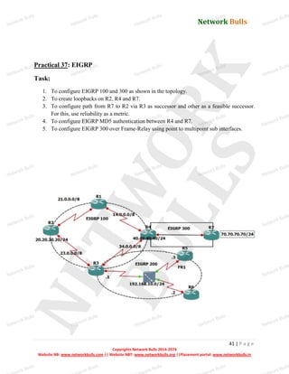 Network Bulls
Network Bulls
Network Bulls
Network Bulls
Network Bulls
Network Bulls
Network Bulls
Network Bulls
Network Bulls
Network Bulls
Network Bulls
Network Bulls
Network Bulls
Network Bulls
Network Bulls
Network Bulls
Network Bulls
Network Bulls
Network Bulls
Network Bulls
Network Bulls
Network Bulls
Network Bulls
Network Bulls
Network Bulls
Network Bulls
Network Bulls
Network Bulls
Network Bulls
Network Bulls
Network Bulls
Network Bulls
Network Bulls
Network Bulls
Network Bulls
ork Bulls
ork Bulls
ork Bulls
ork Bulls
ork Bulls
Network Bulls
41 | P a g e
Copyrights Network Bulls 2014-2074
Website NB: www.networkbulls.com || Website NBT: www.networkbulls.org ||Placement portal: www.networkbulls.in
Practical 37: EIGRP
Task:
1. To configure EIGRP 100 and 300 as shown in the topology.
2. To create loopbacks on R2, R4 and R7.
3. To configure path from R7 to R2 via R3 as successor and other as a feasible successor.
For this, use reliability as a metric.
4. To configure EIGRP MD5 authentication between R4 and R7.
5. To configure EIGRP 300 over Frame-Relay using point to multipoint sub interfaces.
 