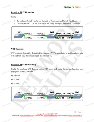 Network Bulls
Network Bulls
Network Bulls
Network Bulls
Network Bulls
Network Bulls
Network Bulls
Network Bulls
Network Bulls
Network Bulls
Network Bulls
Network Bulls
Network Bulls
Network Bulls
Network Bulls
Network Bulls
Network Bulls
Network Bulls
Network Bulls
Network Bulls
Network Bulls
Network Bulls
Network Bulls
Network Bulls
Network Bulls
Network Bulls
Network Bulls
Network Bulls
Network Bulls
Network Bulls
Network Bulls
Network Bulls
Network Bulls
Network Bulls
Network Bulls
ork Bulls
ork Bulls
ork Bulls
ork Bulls
ork Bulls
Network Bulls
59 | P a g e
Copyrights Network Bulls 2014-2074
Website NB: www.networkbulls.com || Website NBT: www.networkbulls.org ||Placement portal: www.networkbulls.in
Practical 53: VTP modes
Task:
1. To configure Switch 1 as Server, Switch 2 as Transparent and Switch 3 as Client.
2. To create VLAN 2, 3, 4 and 5 on Server and verify the impact on whole VTP domain.
VTP Pruning
VTP pruning is disabled by default in Cisco switches. VTP pruning helps to send broadcasts only
to those trunk links that actually needs the information.
Practical 54: VTP Pruning
Task: To configure VTP Pruning on the VTP server and verify that the configuration was
propagated to the VTP Client.
Sw1-Server
Sw2-Client
Sw3-Client
 
