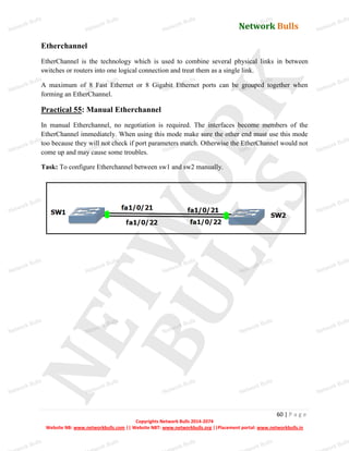 Network Bulls
Network Bulls
Network Bulls
Network Bulls
Network Bulls
Network Bulls
Network Bulls
Network Bulls
Network Bulls
Network Bulls
Network Bulls
Network Bulls
Network Bulls
Network Bulls
Network Bulls
Network Bulls
Network Bulls
Network Bulls
Network Bulls
Network Bulls
Network Bulls
Network Bulls
Network Bulls
Network Bulls
Network Bulls
Network Bulls
Network Bulls
Network Bulls
Network Bulls
Network Bulls
Network Bulls
Network Bulls
Network Bulls
Network Bulls
Network Bulls
ork Bulls
ork Bulls
ork Bulls
ork Bulls
ork Bulls
Network Bulls
60 | P a g e
Copyrights Network Bulls 2014-2074
Website NB: www.networkbulls.com || Website NBT: www.networkbulls.org ||Placement portal: www.networkbulls.in
Etherchannel
EtherChannel is the technology which is used to combine several physical links in between
switches or routers into one logical connection and treat them as a single link.
A maximum of 8 Fast Ethernet or 8 Gigabit Ethernet ports can be grouped together when
forming an EtherChannel.
Practical 55: Manual Etherchannel
In manual Etherchannel, no negotiation is required. The interfaces become members of the
EtherChannel immediately. When using this mode make sure the other end must use this mode
too because they will not check if port parameters match. Otherwise the EtherChannel would not
come up and may cause some troubles.
Task: To configure Etherchannel between sw1 and sw2 manually.
 
