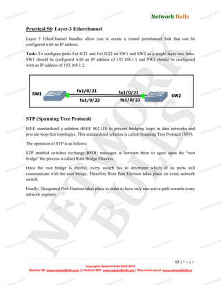 Network Bulls
Network Bulls
Network Bulls
Network Bulls
Network Bulls
Network Bulls
Network Bulls
Network Bulls
Network Bulls
Network Bulls
Network Bulls
Network Bulls
Network Bulls
Network Bulls
Network Bulls
Network Bulls
Network Bulls
Network Bulls
Network Bulls
Network Bulls
Network Bulls
Network Bulls
Network Bulls
Network Bulls
Network Bulls
Network Bulls
Network Bulls
Network Bulls
Network Bulls
Network Bulls
Network Bulls
Network Bulls
Network Bulls
Network Bulls
Network Bulls
ork Bulls
ork Bulls
ork Bulls
ork Bulls
ork Bulls
Network Bulls
62 | P a g e
Copyrights Network Bulls 2014-2074
Website NB: www.networkbulls.com || Website NBT: www.networkbulls.org ||Placement portal: www.networkbulls.in
Practical 58: Layer-3 Etherchannel
Layer 3 EtherChannel bundles allow you to create a virtual portchannel link that can be
configured with an IP address.
Task: To configure ports Fa1/0/21 and Fa1/0/22 on SW1 and SW2 as a single layer two links.
SW1 should be configured with an IP address of 192.168.1.1 and SW2 should be configured
with an IP address of 192.168.1.2.
STP (Spanning Tree Protocol)
IEEE standardized a solution (IEEE 802.1D) to prevent bridging loops in data networks and
provide loop-free topologies. This standardized solution is called Spanning Tree Protocol (STP).
The operation of STP is as follows:
STP enabled switches exchange BPDU messages in between them to agree upon the “root
bridge” the process is called Root Bridge Election.
Once the root bridge is elected, every switch has to determine which of its ports will
communicate with the root bridge. Therefore Root Port Election takes place on every network
switch.
Finally, Designated Port Election takes place in order to have only one active path towards every
network segment.
 