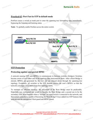 Network Bulls
Network Bulls
Network Bulls
Network Bulls
Network Bulls
Network Bulls
Network Bulls
Network Bulls
Network Bulls
Network Bulls
Network Bulls
Network Bulls
Network Bulls
Network Bulls
Network Bulls
Network Bulls
Network Bulls
Network Bulls
Network Bulls
Network Bulls
Network Bulls
Network Bulls
Network Bulls
Network Bulls
Network Bulls
Network Bulls
Network Bulls
Network Bulls
Network Bulls
Network Bulls
Network Bulls
Network Bulls
Network Bulls
Network Bulls
Network Bulls
ork Bulls
ork Bulls
ork Bulls
ork Bulls
ork Bulls
Network Bulls
65 | P a g e
Copyrights Network Bulls 2014-2074
Website NB: www.networkbulls.com || Website NBT: www.networkbulls.org ||Placement portal: www.networkbulls.in
Practical 62: Port Fast in STP in default mode
PortFast causes a switch or trunk port to enter the spanning tree forwarding state immediately,
bypassing the listening and learning states.
Task: To globally enable Portfast across the entire switch.
STP Protection
Protecting against unexpected BPDU
A network running STP uses BPDUs to communicate in between switches (bridges). Switches
become aware of each other and of the topology that interconnects them. After a Root Bridge is
elected, BPDUs are generated by the root and are relayed down through the spanning-tree
topology. Eventually, all switches in the STP domain receive the root’s BPDUs so that the
network converges and a stable loop-free topology forms.
To maintain an efficient topology, the placement of the Root Bridge must be predictable.
Hopefully, you configured one switch to become the Root Bridge and a second one to be the
secondary root. What happens when a “foreign” or rogue switch is connected to the network, and
that switch suddenly is capable of becoming the Root Bridge? Cisco added two STP features that
help prevent the unexpected: Root guard and BPDU guard.
 
