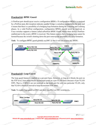 Network Bulls
Network Bulls
Network Bulls
Network Bulls
Network Bulls
Network Bulls
Network Bulls
Network Bulls
Network Bulls
Network Bulls
Network Bulls
Network Bulls
Network Bulls
Network Bulls
Network Bulls
Network Bulls
Network Bulls
Network Bulls
Network Bulls
Network Bulls
Network Bulls
Network Bulls
Network Bulls
Network Bulls
Network Bulls
Network Bulls
Network Bulls
Network Bulls
Network Bulls
Network Bulls
Network Bulls
Network Bulls
Network Bulls
Network Bulls
Network Bulls
ork Bulls
ork Bulls
ork Bulls
ork Bulls
ork Bulls
Network Bulls
67 | P a g e
Copyrights Network Bulls 2014-2074
Website NB: www.networkbulls.com || Website NBT: www.networkbulls.org ||Placement portal: www.networkbulls.in
Practical 64: BPDU Guard
A PortFast port should never receive configuration BPDUs. If configuration BPDUs is received
by a PortFast port, this reception indicates another bridge is somehow connected to the port, and
it means that there is a possibility of a bridging loop formation during the Listening and Learning
phases. In a valid PortFast configuration, configuration BPDUs should never be received, so
Cisco switches supports a feature called asPortFast BPDU Guard, which shuts down a PortFast-
enabled port in the event a BPDU is received. This feature ensures that a bridging loop cannot be
formed because the switch's shutting down the port removes the possibility of a loop formation.
Task: To configure BPDU guard globally on SW1 so that it will not receive any BPDU.
Practical 65: Loop Guard
The loop guard feature is enabled on a per-port basis. However, as long as it blocks the port on
the STP level, loop guard blocks inconsistent ports on a per-VLAN basis (because of per-VLAN
STP). That is, if BPDUs are not received on the trunk port for only one particular VLAN, only
that VLAN is blocked (moved to loop-inconsistent STP state).
Task: To enable loop guard on SW2 and show its effect on SW2 switchports.
 