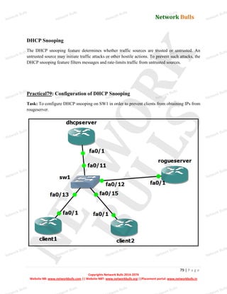 Network Bulls
Network Bulls
Network Bulls
Network Bulls
Network Bulls
Network Bulls
Network Bulls
Network Bulls
Network Bulls
Network Bulls
Network Bulls
Network Bulls
Network Bulls
Network Bulls
Network Bulls
Network Bulls
Network Bulls
Network Bulls
Network Bulls
Network Bulls
Network Bulls
Network Bulls
Network Bulls
Network Bulls
Network Bulls
Network Bulls
Network Bulls
Network Bulls
Network Bulls
Network Bulls
Network Bulls
Network Bulls
Network Bulls
Network Bulls
Network Bulls
ork Bulls
ork Bulls
ork Bulls
ork Bulls
ork Bulls
Network Bulls
79 | P a g e
Copyrights Network Bulls 2014-2074
Website NB: www.networkbulls.com || Website NBT: www.networkbulls.org ||Placement portal: www.networkbulls.in
DHCP Snooping
The DHCP snooping feature determines whether traffic sources are trusted or untrusted. An
untrusted source may initiate traffic attacks or other hostile actions. To prevent such attacks, the
DHCP snooping feature filters messages and rate-limits traffic from untrusted sources.
Practical79: Configuration of DHCP Snooping
Task: To configure DHCP snooping on SW1 in order to prevent clients from obtaining IPs from
rougeserver.
 