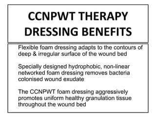 CCNPWT THERAPY
DRESSING BENEFITS
Flexible foam dressing adapts to the contours of
deep & irregular surface of the wound bed

Specially designed hydrophobic, non-linear
networked foam dressing removes bacteria
colonised wound exudate
The CCNPWT foam dressing aggressively
promotes uniform healthy granulation tissue
throughout the wound bed

 