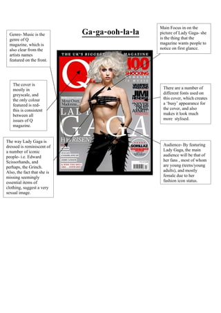 Main Focus in on the
 Genre- Music is the         Ga-ga-ooh-la-la   picture of Lady Gaga- she
 genre of Q                                    is the thing that the
 magazine, which is                            magazine wants people to
 also clear from the                           notice on first glance.
 artists names
 featured on the front.




   The cover is
   mostly in                                    There are a number of
   greyscale, and                               different fonts used on
   the only colour                              this cover, which creates
   featured is red-                             a ‘busy’ appearance for
   this is consistent                           the cover, and also
   between all                                  makes it look much
   issues of Q                                  more stylised.
   magazine.


The way Lady Gaga is
dressed is reminiscent of                       Audience- By featuring
a number of iconic                              Lady Gaga, the main
people- i.e. Edward                             audience will be that of
Scissorhands, and                               her fans , most of whom
perhaps, the Grinch.                            are young (teens/young
Also, the fact that she is                      adults), and mostly
missing seemingly                               female due to her
essential items of                              fashion icon status.
clothing, suggest a very
sexual image.
 