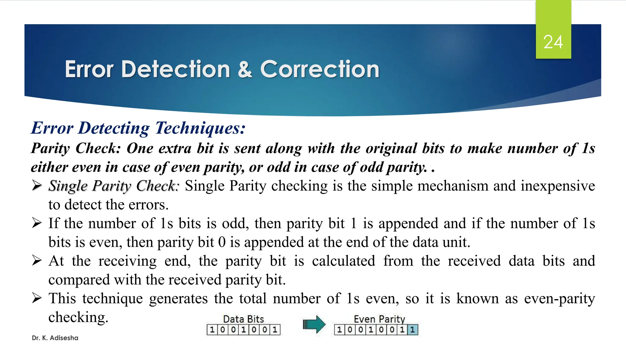 Error Detection & Correction
Dr. K. Adisesha
24
Error Detecting Techniques:
Parity Check: One extra bit is sent along with the original bits to make number of 1s
either even in case of even parity, or odd in case of odd parity. .
➢ Single Parity Check: Single Parity checking is the simple mechanism and inexpensive
to detect the errors.
➢ If the number of 1s bits is odd, then parity bit 1 is appended and if the number of 1s
bits is even, then parity bit 0 is appended at the end of the data unit.
➢ At the receiving end, the parity bit is calculated from the received data bits and
compared with the received parity bit.
➢ This technique generates the total number of 1s even, so it is known as even-parity
checking.
 