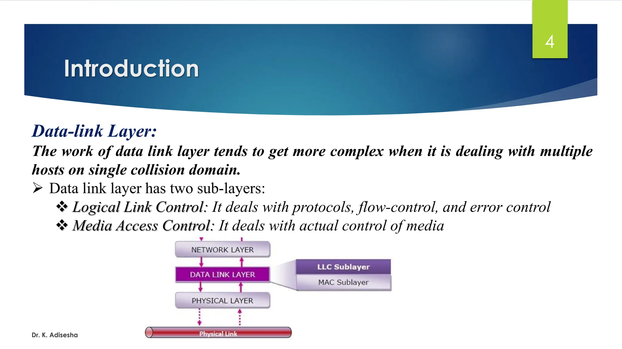 Introduction
Dr. K. Adisesha
4
Data-link Layer:
The work of data link layer tends to get more complex when it is dealing with multiple
hosts on single collision domain.
➢ Data link layer has two sub-layers:
❖ Logical Link Control: It deals with protocols, flow-control, and error control
❖ Media Access Control: It deals with actual control of media
 