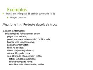 Exemplos
 Trocar uma lâmpada SE estiver queimada (v. 3)
 Seleção (Decisão)
Algoritmo 1.4: Re-teste depois da troca
acionar o interruptor;
se a lâmpada não acender, então
pegar uma escada;
posicionar a escada embaixo da lâmpada;
buscar uma lâmpada nova;
acionar o interruptor;
subir na escada;
retirar lâmpada queimada;
colocar lâmpada nova;
se a lâmpada não acender, então
retirar lâmpada queimada;
colocar lâmpada nova;
se a lâmpada não acender, então
. . .
 