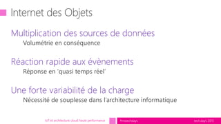 tech.days 2015#mstechdaysIoT et architecture cloud haute performance
Multiplication des sources de données
Réaction rapide aux évènements
Une forte variabilité de la charge
 