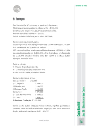 Anotações do Aluno
uvb


9. Exemplo
Dos livros da Cia. “A”, extraímos as seguintes informações:
Matérias-primas compradas no mês de junho = $ 500.000.
Devolução, no próprio mês, de 20% das compras acima.
Mão-de-obra direta do mês = $ 600.000.
Custos Indiretos de Fabricação do mês = $ 400.000.


Considere as seguintes situações:
a)O estoque inicial de matéria-prima era de $ 120.000 e o final, de $ 150.000.
Não havia outros estoques iniciais ou finais.
b)O estoque inicial de produtos em elaboração era de $ 200.000; o inicial
de produtos acabados era de $ 80.000; o final de produtos em elaboração
de $ 220.000; o final de matéria-prima de $ 70.000 e não havia outros
estoques iniciais ou finais.


Pede-se calcular:
I – O custo de produção do mês.
II – O custo da produção acabada no mês.
III – O custo da produção vendida no mês.


Consumo de matéria-prima:
Estoque Inicial =    $ 120.000
(+) Compras =               $ 500.000
(-) Devolução =             $ 100.000
                                                                                                   Aula 02 - Classificação dos Custos
(-) Estoque Final =         $ 150.000
Consumo =                   $ 370.000
(+) Mão-de-obra direta      $ 600.000
(+) C.I.F.=                 $ 400.000
I - Custo de Produção $ 1.370.000
                                                                                  Custo Contábil




Como não há outros estoques iniciais ou finais, significa que todas as
unidades foram iniciadas e terminadas no próprio mês, então o Custo da
Produção Acabado também é de R$ 1.370.000.



                                   Faculdade On-Line UVB
                                                                                             16
 