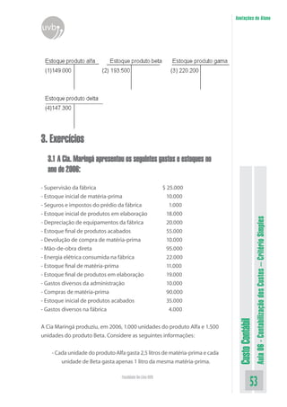 Anotações do Aluno
uvb




3. Exercícios
  3.1 A Cia. Maringá apresentou os seguintes gastos e estoques no
  ano de 2006:

- Supervisão da fábrica                                  $ 25.000
- Estoque inicial de matéria-prima                         10.000
- Seguros e impostos do prédio da fábrica                   1.000
- Estoque inicial de produtos em elaboração                18.000




                                                                                                Aula 06 - Contabilização dos Custos – Critério Simples
- Depreciação de equipamentos da fábrica                   20.000
- Estoque final de produtos acabados                       55.000
- Devolução de compra de matéria-prima                     10.000
- Mão-de-obra direta                                       95.000
- Energia elétrica consumida na fábrica                    22.000
- Estoque final de matéria-prima                           11.000
- Estoque final de produtos em elaboração                  19.000
- Gastos diversos da administração                        10.000
- Compras de matéria-prima                                90.000
- Estoque inicial de produtos acabados                    35.000
- Gastos diversos na fábrica                               4.000
                                                                               Custo Contábil




A Cia Maringá produziu, em 2006, 1.000 unidades do produto Alfa e 1.500
unidades do produto Beta. Considere as seguintes informações:


    - Cada unidade do produto Alfa gasta 2,5 litros de matéria-prima e cada
        unidade de Beta gasta apenas 1 litro da mesma matéria-prima.

                                 Faculdade On-Line UVB
                                                                                          53
 