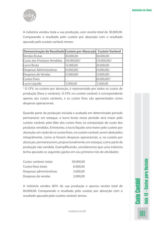 Anotações do Aluno
uvb


A indústria vendeu toda a sua produção, com receita total de 30.000,00.
Comparando o resultado pelo custeio por absorção com o resultado
apurado pelo custeio variável, temos:

Demonstração do Resultado Custeio por Absorção Custeio Variável
Vendas Brutas               30.000,00         30.000,00
Custo dos Produtos Vendidos (18.000,00)¹      (10.000,00)¹
Lucro Bruto                 12.000,00         20.000,00
Despesas Administrativas    (4.000,00)        (4.000,00)
Despesas de Vendas          (3.000,00)        (3.000,00)
Custos Fixos                -                 (8.000,00)¹
Lucro Líquido                5.000,00          5.000,00
¹ O CPV, no custeio por absorção, é representado por todos os custos de
produção (fixos e variáveis). O CPV, no custeio variável, é correspondente
apenas aos custos variáveis, e os custos fixos são apresentados como
despesas operacionais.


Quando parte da produção iniciada e acabada em determinado período
permanecer em estoque, o lucro bruto nesse período será maior pelo
custeio variável, pela falta dos custos fixos na composição do custo dos
produtos vendidos. Entretanto, o lucro líquido será maior pelo custeio por
absorção, em razão de os custos fixos, no custeio variável, serem deduzidos
integralmente, como se fossem despesas operacionais, e, no custeio por
absorção, permanecerem, proporcionalmente, em estoque, como parte da
produção não vendida. Exemplificando, consideremos que uma indústria
tenha apurado os seguintes gastos em seu primeiro mês de atividades:
                                                                                                Aula 13 - Custos para Decisão


Custos variáveis totais              30.000,00
Custos fixos totais                   8.000,00
Despesas administrativas              3.000,00
Despesas de vendas                    2.000,00
                                                                               Custo Contábil




A indústria vendeu 80% de sua produção e apurou receita total de
60.000,00. Comparando o resultado pelo custeio por absorção com o
resultado apurado pelo custeio variável, temos:



                                  Faculdade On-Line UVB
                                                                                        101
 