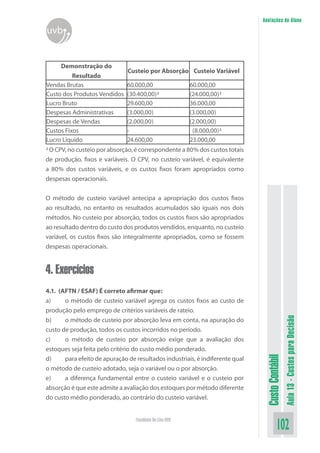 Anotações do Aluno
uvb


     Demonstração do
                               Custeio por Absorção Custeio Variável
          Resultado
Vendas Brutas                  60.000,00                  60.000,00
Custo dos Produtos Vendidos    (30.400,00)²               (24.000,00)²
Lucro Bruto                    29.600,00                  36.000,00
Despesas Administrativas       (3.000,00)                 (3.000,00)
Despesas de Vendas             (2.000,00)                 (2.000,00)
Custos Fixos                   -                           (8.000,00)²
Lucro Líquido                  24.600,00                  23.000,00
² O CPV, no custeio por absorção, é correspondente a 80% dos custos totais
de produção, fixos e variáveis. O CPV, no custeio variável, é equivalente
a 80% dos custos variáveis, e os custos fixos foram apropriados como
despesas operacionais.


O método de custeio variável antecipa a apropriação dos custos fixos
ao resultado, no entanto os resultados acumulados são iguais nos dois
métodos. No custeio por absorção, todos os custos fixos são apropriados
ao resultado dentro do custo dos produtos vendidos, enquanto, no custeio
variável, os custos fixos são integralmente apropriados, como se fossem
despesas operacionais.


4. Exercícios
4.1. (AFTN / ESAF) É correto afirmar que:
a)     o método de custeio variável agrega os custos fixos ao custo de
produção pelo emprego de critérios variáveis de rateio.
                                                                                                 Aula 13 - Custos para Decisão

b)     o método de custeio por absorção leva em conta, na apuração do
custo de produção, todos os custos incorridos no período.
c)     o método de custeio por absorção exige que a avaliação dos
estoques seja feita pelo critério do custo médio ponderado.
                                                                                Custo Contábil




d)     para efeito de apuração de resultados industriais, é indiferente qual
o método de custeio adotado, seja o variável ou o por absorção.
e)     a diferença fundamental entre o custeio variável e o custeio por
absorção é que este admite a avaliação dos estoques por método diferente
do custo médio ponderado, ao contrário do custeio variável.


                                  Faculdade On-Line UVB
                                                                                         102
 