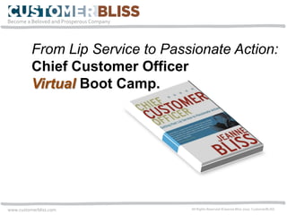 Become a Beloved and Prosperous Company
www.customerbliss.com All Rights Reserved ©Jeanne Bliss 2010. CustomerBLISS
From Lip Service to Passionate Action:
Chief Customer Officer
Virtual Boot Camp.
 