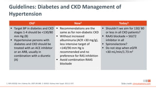 Guidelines: Diabetes and CKD Management of
Hypertension
Old1 New2 Today?
 Target BP in diabetes and CKD
stages 1-4 should be <130/80
mm Hg (B)
 Hypertensive persons with
diabetes and CKD should be
treated with an ACE inhibitor
or an ARB, usually in
combination with a diuretic
(A)
 Recommendations are the
same as for non-diabetic CKD
 Without increased
albuminuria (ACR >30 mg/g),
less intensive target of
<140/90 mm Hg is
recommended and no
preference for RAS inhibition
 Avoid combination RAAS
blockade
 Shouldn’t we aim for 130/ 80
or less in all CKD patients?
 RAAS blockade + SGLT2
inhibitor in all
 Spironolactone?
 Do not stop when eGFR
<30 mL/min/1.73 m2
1. NFK-KDOQI. Am J Kidney Dis. 2007;49:S88. 2. KDIGO. Kidney Inter Suppl. 2012;2:337. Slide credit: clinicaloptions.com
 