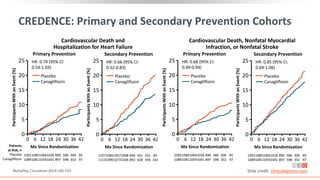 CREDENCE: Primary and Secondary Prevention Cohorts
Mahaffey. Circulation 2019;140:739. Slide credit: clinicaloptions.com
Placebo
Canagliflozin
HR: 0.74 (95% CI:
0.54-1.03)
Mo Since Randomization
Participants
With
an
Event
(%)
25
20
15
10
5
0
42
0 6 12 18 24 30 36
Primary Prevention
Cardiovascular Death and
Hospitalization for Heart Failure
Patients
at Risk, n
Placebo
Canagliflozin
1092
1089
1080
1081
1066
1059
1036
1041
890
897
586
598
306
332
85
97
Placebo
Canagliflozin
HR: 0.66 (95% CI:
0.52-0.83)
Mo Since Randomization
Participants
With
an
Event
(%)
25
20
15
10
5
0
42
0 6 12 18 24 30 36
Secondary Prevention
1107
1113
1085
1090
1057
1073
1008
1036
846
892
561
628
332
336
85
102
Placebo
Canagliflozin
HR: 0.85 (95% CI:
0.69-1.06)
Mo Since Randomization
Participants
With
an
Event
(%)
25
20
15
10
5
0
42
0 6 12 18 24 30 36
Secondary Prevention
1092
1089
1080
1081
1066
1059
1036
1041
890
897
586
598
306
332
85
97
Placebo
Canagliflozin
HR: 0.68 (95% CI:
0.49-0.94)
Mo Since Randomization
Participants
With
an
Event
(%)
25
20
15
10
5
0
42
0 6 12 18 24 30 36
Primary Prevention
1092
1089
1080
1081
1066
1059
1036
1041
890
897
586
598
306
332
85
97
Cardiovascular Death, Nonfatal Myocardial
Infraction, or Nonfatal Stroke
 