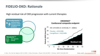 FIDELIO-DKD: Rationale
1. Alicic. Clin J Am Soc Nephrol. 2017;12:2032. 2. Mora-Fernández. J Physiol. 2014;18:3997. 3. Perkovic. NEJM. 2019;380:2295.
Metabolic1,2
(poor glycemic
control)
Hemodynamic1,2
(elevated blood
pressure and/or
intraglomerular
pressure)
Mo Since Randomization
Residual risk
0 6 12 18 24 30 36 42
0
5
10
15
20
25
HR: 0.70 (95% CI: 0.59-0.82; P = .00001)
Patients
With
Event
(%)
Residual risk
Placebo + ACEi/ARB
Canagliflozin + ACEi/ARB
CREDENCE3
Cardiorenal composite endpoint
High residual risk of CKD progression with current therapies
Slide credit: clinicaloptions.com
 