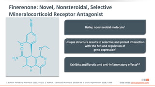 Finerenone: Novel, Nonsteroidal, Selective
Mineralocorticoid Receptor Antagonist
1. Kolkhof. Handb Exp Pharmacol. 2017;243:271. 2. Kolkhof. J Cardiovasc Pharmacol. 2014;64:69. 3. Grune. Hypertension. 2018;71:599.
N
H
H2
N N
N
Bulky, nonsteroidal molecule1
Unique structure results in selective and potent interaction
with the MR and regulation of
gene expression1
Exhibits antifibrotic and anti-inflammatory effects2,3
Slide credit: clinicaloptions.com
 