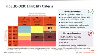 FIDELIO-DKD: Eligibility Criteria
*Known significant nondiabetic kidney disease, including clinically relevant renal artery stenosis. †Mean sitting SBP ≥170 mm Hg or mean sitting
DBP ≥110 mm Hg at the run-in visit or mean sitting SBP ≥160 mm Hg or mean sitting DBP ≥100 mm Hg at the screening visit.
• Aged ≥18 yr with CKD and T2D
• Pretreated with optimized therapy with
either an ACEi or ARB for ≥4 wk
• Serum potassium ≤4.8 mmol/L
• Diabetic retinopathy for patients with
moderately elevated albuminuria
Key inclusion criteria
Albuminuria Categories
(mg albumin/g creatinine)
A1
Normal to mildly
elevated
A2
Moderately
elevated
A3
Severely elevated
0-29 30-299 ≥300-4999
GFR
Categories
(mL/min/1.73
m
2
)
G1 >90
G2 60-89
G3a 45-59
G3b 30-44
G4 15-29
G5 <15
• HFrEF with NYHA class II/IV
• Other kidney disease*
• A1C >12%
• Uncontrolled arterial hypertension†
Key exclusion criteria
10% 80%
10%
Bakris. Am J Nephrol. 2019;50:333. Slide credit: clinicaloptions.com
 