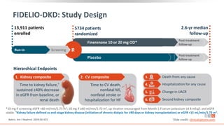 FIDELIO-DKD: Study Design
*10 mg if screening eGFR <60 ml/min/1.73 m2; 20 mg if ≥60 ml/min/1.73 m2, up titration encouraged from Month 1 if serum potassium ≤4.8 mEq/L and eGFR
stable. †Kidney failure defined as end-stage kidney disease (initiation of chronic dialysis for ≥90 days or kidney transplantation) or eGFR <15 mL/min/1.73 m2.
13,911 patients
enrolled
2.6-yr median
follow-up
Post-treatment
follow-up
Post-treatment
follow-up
Placebo
Finerenone 10 or 20 mg OD*
R
Screening
Run-in
5734 patients
randomized
Hierarchical Endpoints
Time to kidney failure,†
sustained ≥40% decrease
in eGFR from baseline, or
renal death
1. Kidney composite
Time to CV death,
nonfatal MI,
nonfatal stroke or
hospitalization for HF
2. CV composite 3. Death from any cause
4. Hospitalization for any cause
5. Change in UACR
6. Second kidney composite
Bakris. Am J Nephrol. 2019;50:333. Slide credit: clinicaloptions.com
 